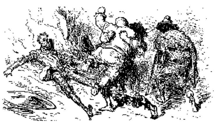 Pelea entre don Quijote, Sancho Panza y Cardenio. Grabado de Gustavo Doré.
